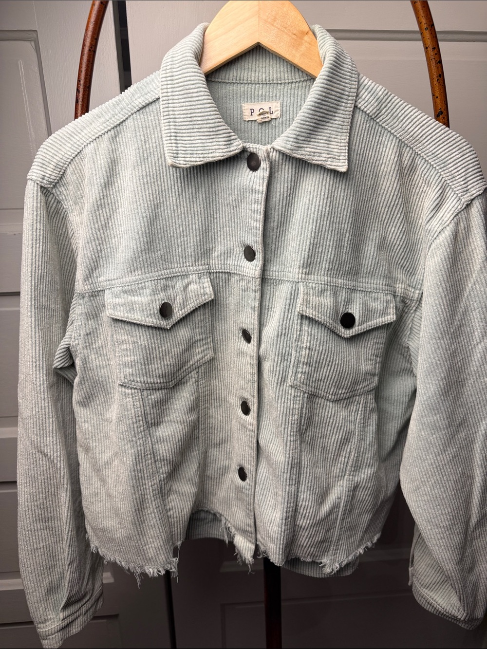 POL Corduroy Cropped Jacket Sage Mint Asymmetric Raw Hem Size S